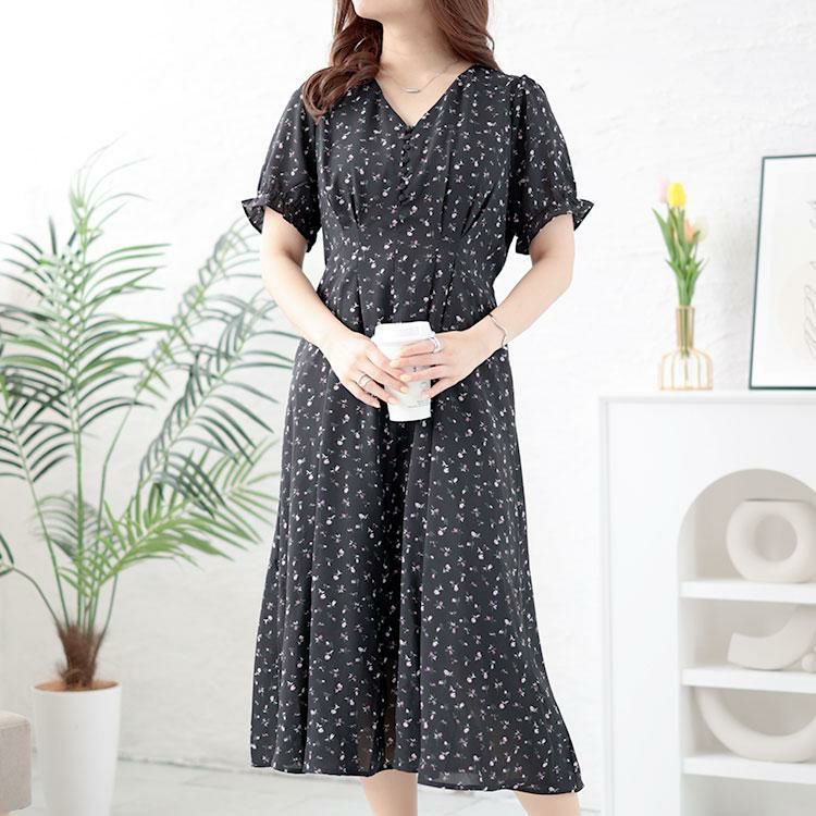 大きいサイズ レディース Vネック小花柄ワンピース　goldy-1502 ブラック
