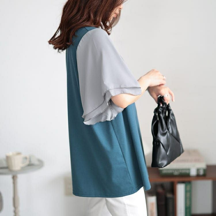 大きいサイズ レディース 接触冷感フレアスリーブ切り替えカットソー　mncut-142420 【メール便可】