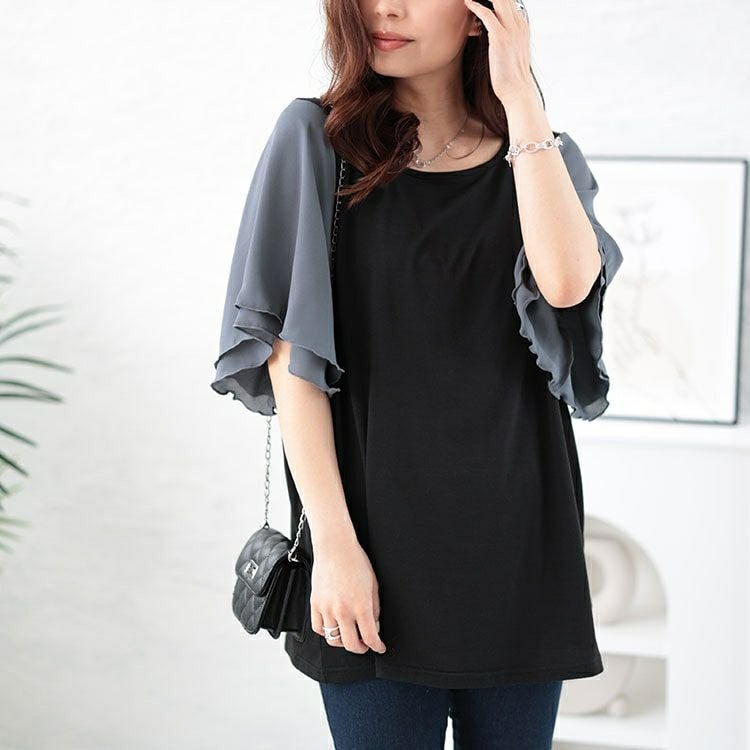 大きいサイズ レディース 接触冷感フレアスリーブ切り替えカットソー　mncut-142420 【メール便可】