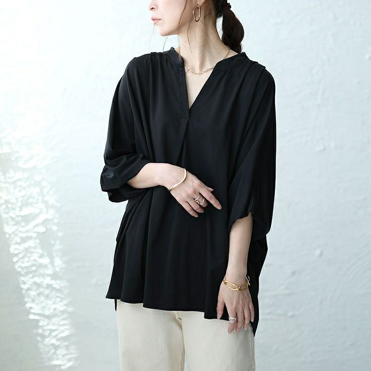 大きいサイズ レディース 接触冷感キーネックワイドドルマンカットソー　mncut-142419 【メール便可】