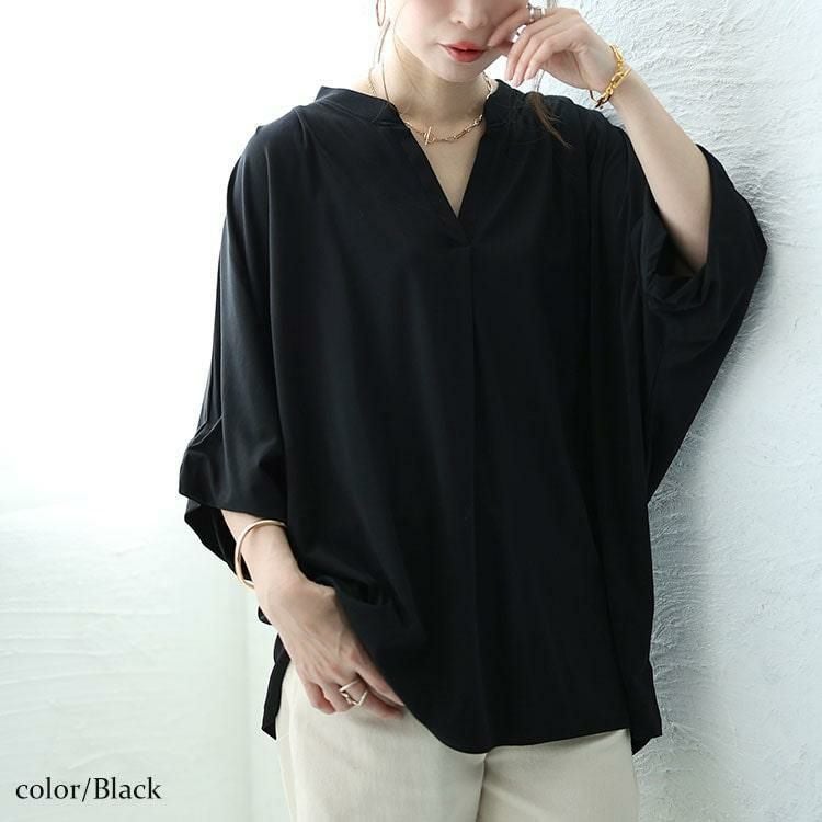 大きいサイズ レディース 接触冷感キーネックワイドドルマンカットソー　mncut-142419 【メール便可】 ブラック