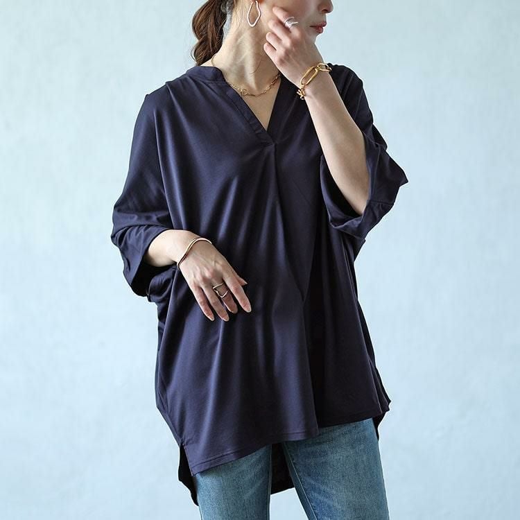 大きいサイズ レディース 接触冷感キーネックワイドドルマンカットソー　mncut-142419 【メール便可】 ネイビー