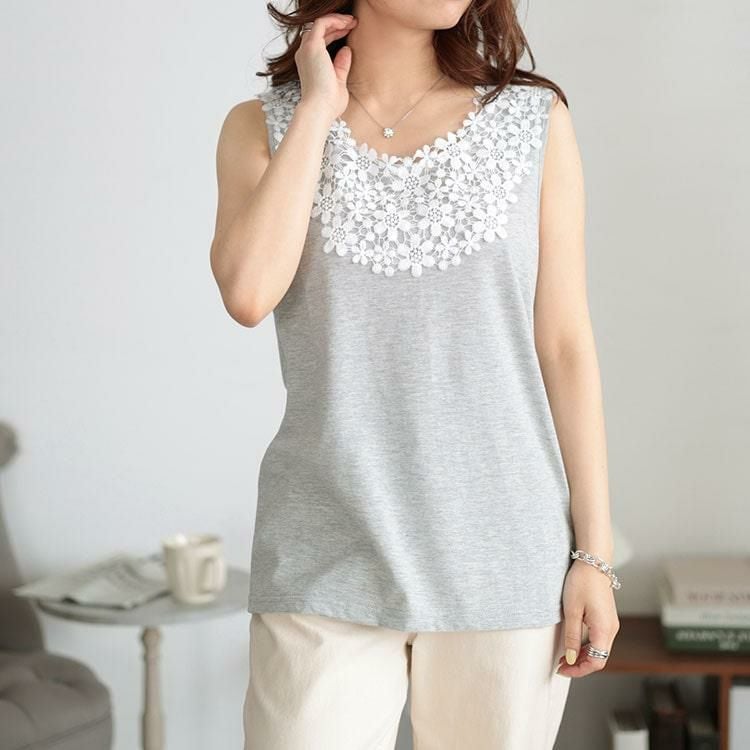 大きいサイズ レディース フラワーレースタンクトップ　plan-240031 【メール便可】 グレー