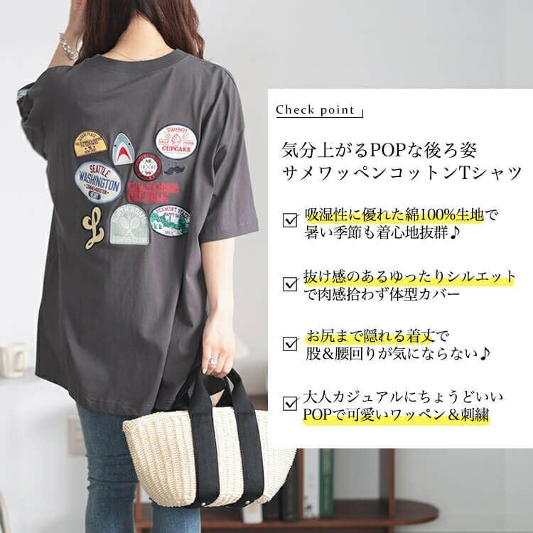 大きいサイズ レディース サメワッペンコットンTシャツ　cros-130262 【メール便可】