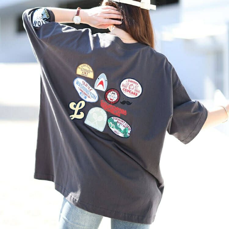 大きいサイズ レディース サメワッペンコットンTシャツ　cros-130262 【メール便可】