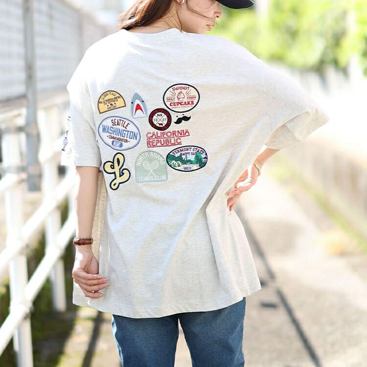 大きいサイズ レディース サメワッペンコットンTシャツ　cros-130262 【メール便可】