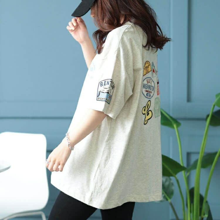 大きいサイズ レディース サメワッペンコットンTシャツ　cros-130262 【メール便可】