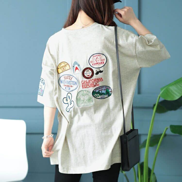 大きいサイズ レディース サメワッペンコットンTシャツ　cros-130262 【メール便可】