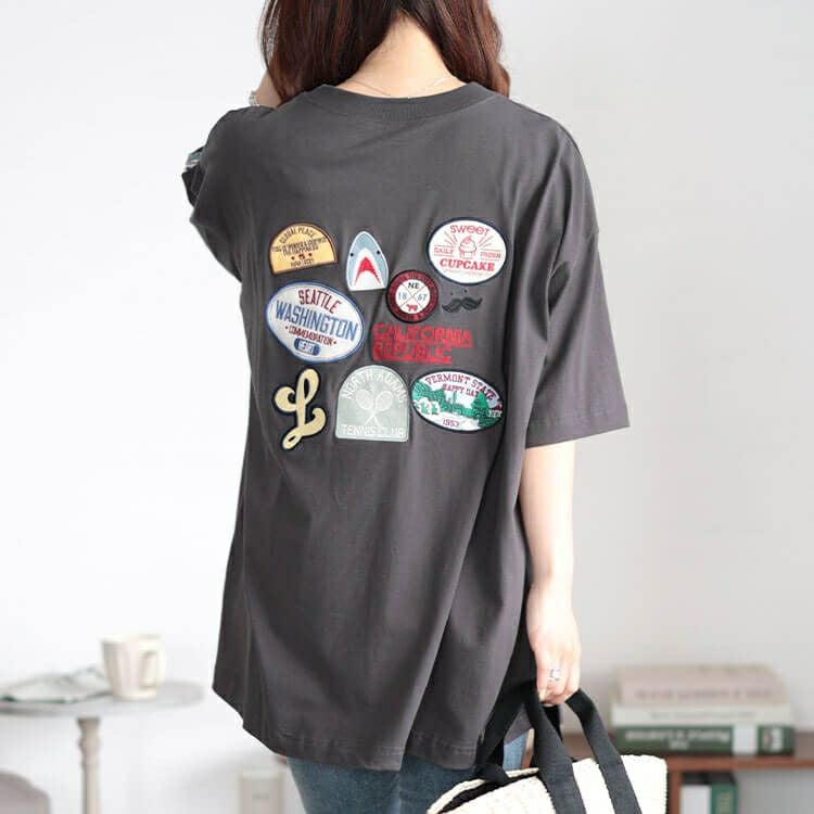 大きいサイズ レディース サメワッペンコットンTシャツ　cros-130262 【メール便可】