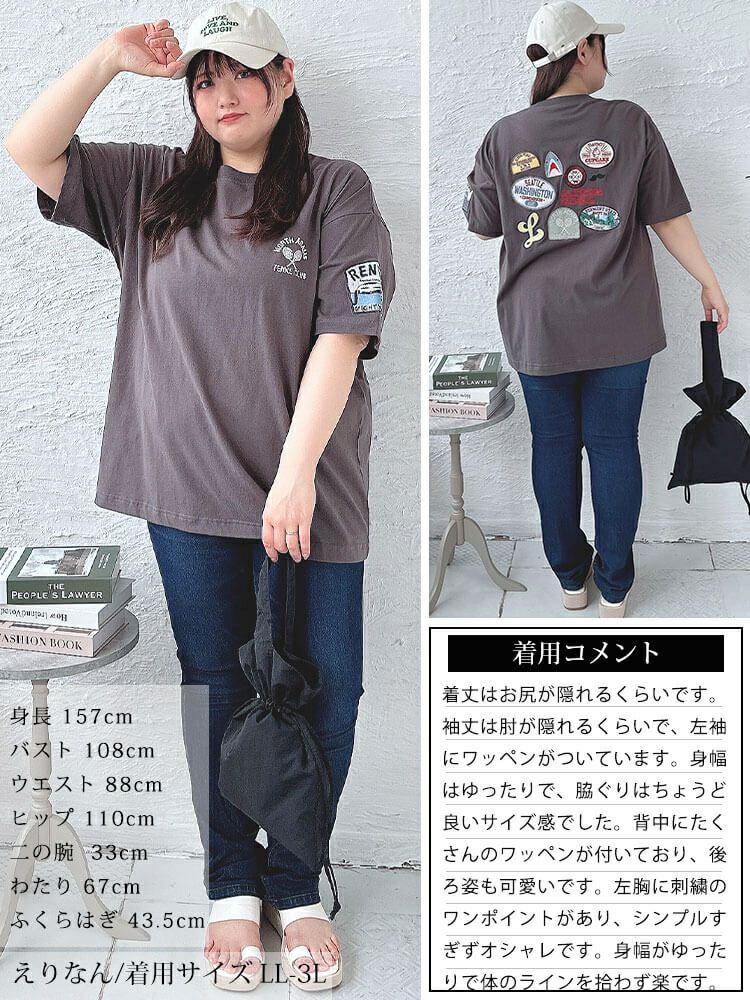 大きいサイズ レディース サメワッペンコットンTシャツ　cros-130262 【メール便可】