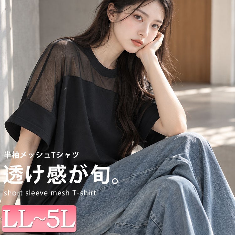 大きいサイズ レディース シアー切り替えTシャツ　bro-0042 【メール便可】