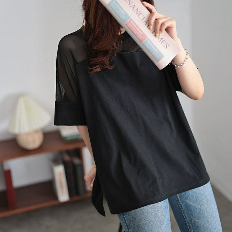 大きいサイズ レディース シアー切り替えTシャツ　bro-0042 【メール便可】