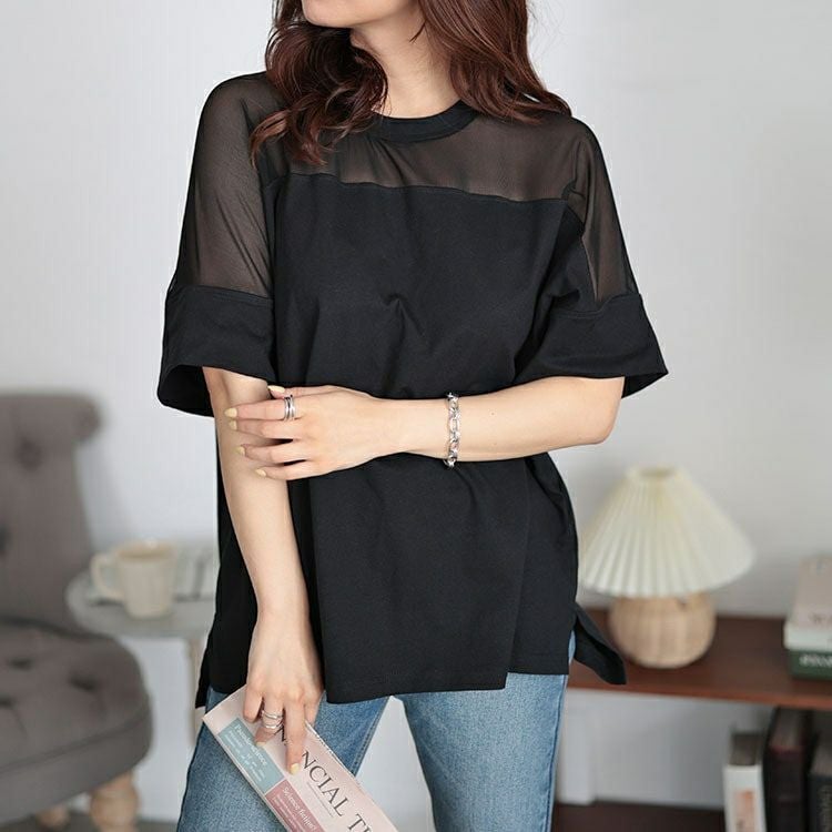 大きいサイズ レディース シアー切り替えTシャツ　bro-0042 【メール便可】