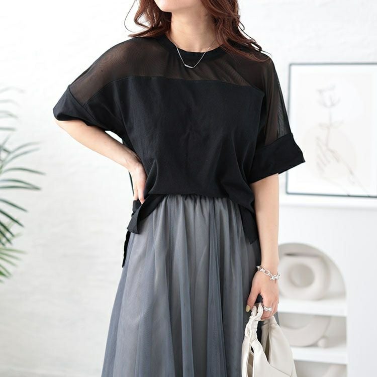 大きいサイズ レディース シアー切り替えTシャツ　bro-0042 【メール便可】