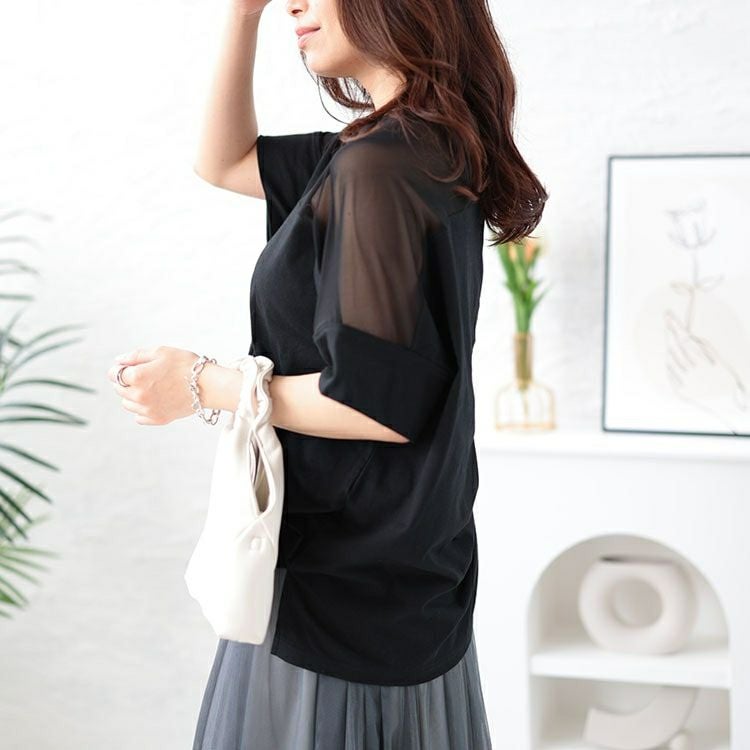 大きいサイズ レディース シアー切り替えTシャツ　bro-0042 【メール便可】