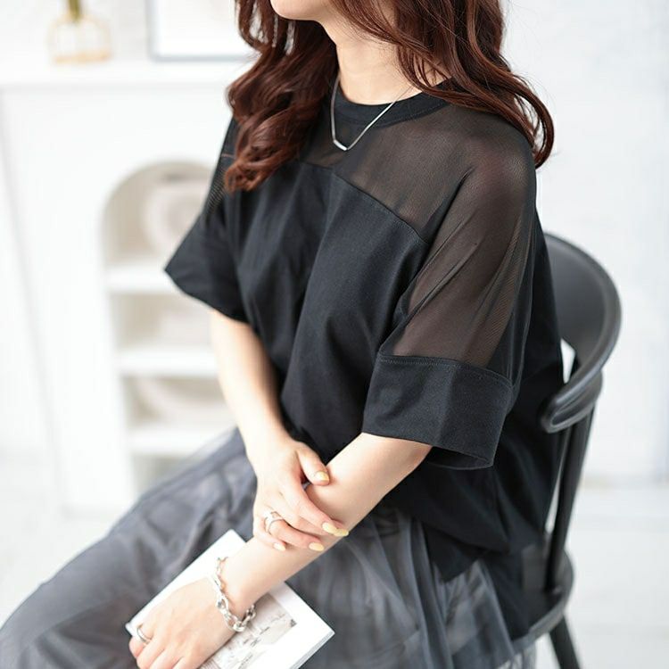 大きいサイズ レディース シアー切り替えTシャツ　bro-0042 【メール便可】