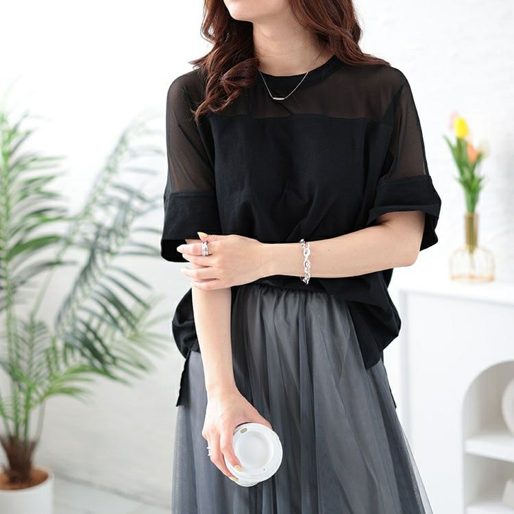 大きいサイズ レディース シアー切り替えTシャツ　bro-0042 【メール便可】