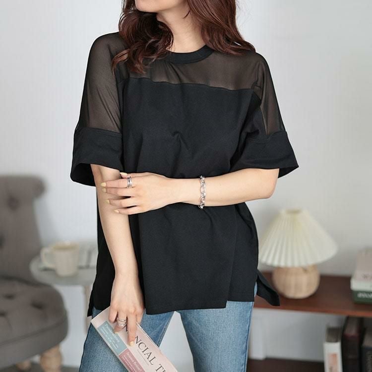 大きいサイズ レディース シアー切り替えTシャツ　bro-0042 【メール便可】 ブラック
