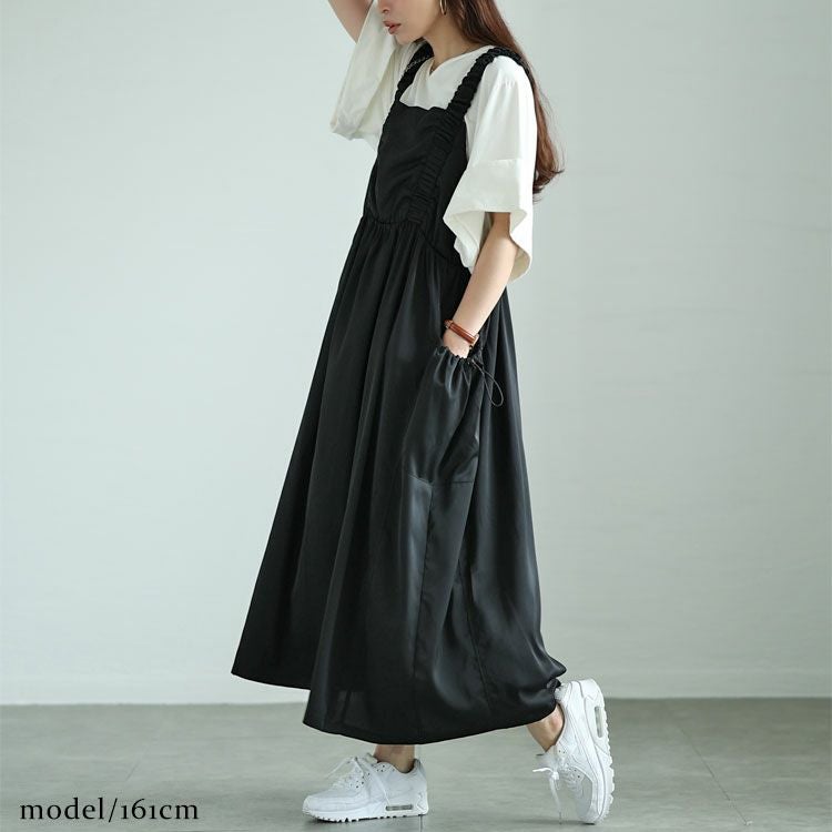 大きいサイズ レディース ドロストポケット肩ギャザージャンパースカート　fem-489