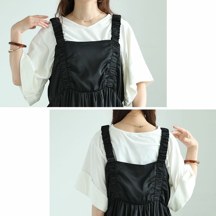 大きいサイズ レディース ドロストポケット肩ギャザージャンパースカート　fem-489