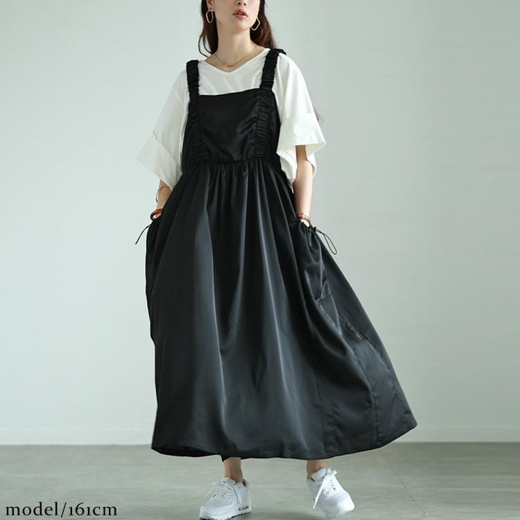 大きいサイズ レディース ドロストポケット肩ギャザージャンパースカート　fem-489