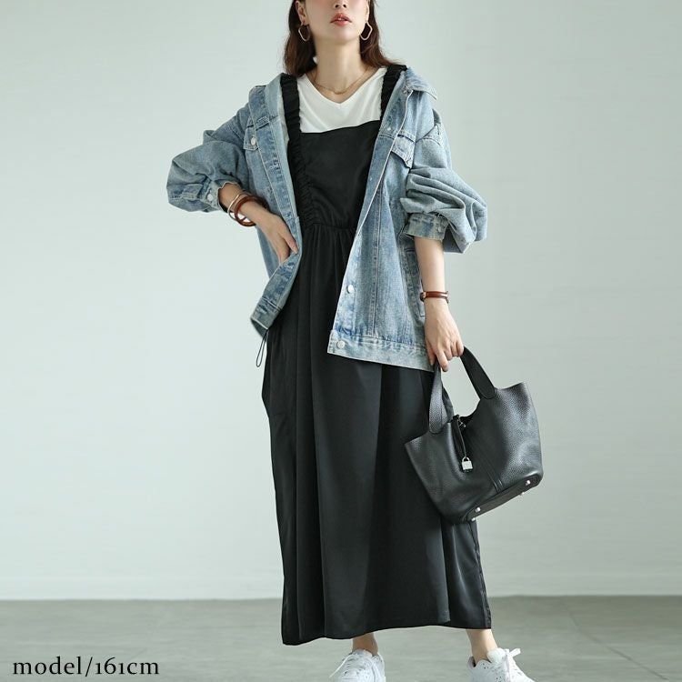 大きいサイズ レディース ドロストポケット肩ギャザージャンパースカート　fem-489