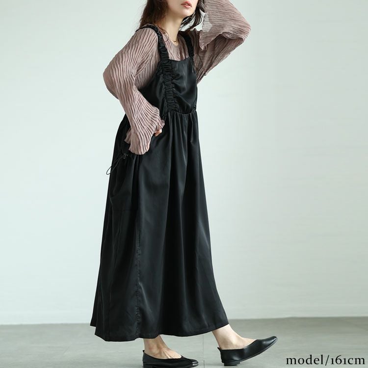 大きいサイズ レディース ドロストポケット肩ギャザージャンパースカート　fem-489
