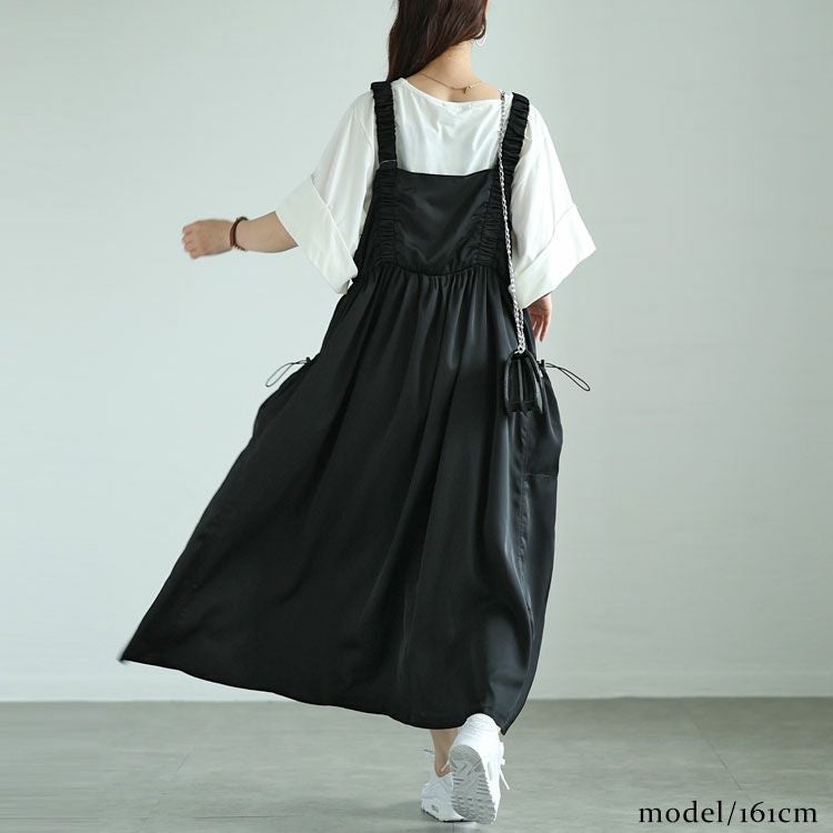 大きいサイズ レディース ドロストポケット肩ギャザージャンパースカート　fem-489