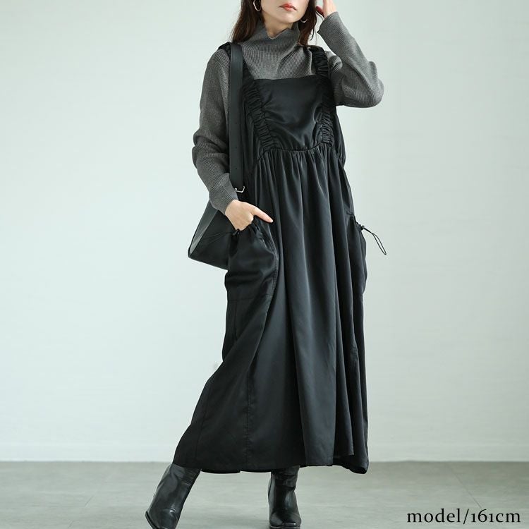 大きいサイズ レディース ドロストポケット肩ギャザージャンパースカート　fem-489