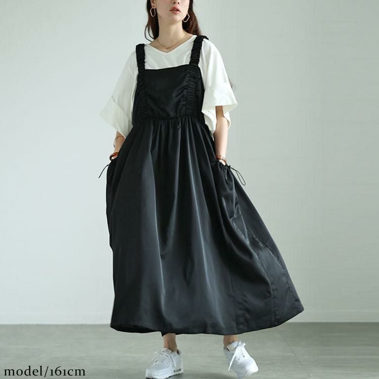大きいサイズ レディース ドロストポケット肩ギャザージャンパースカート　fem-489 ブラック