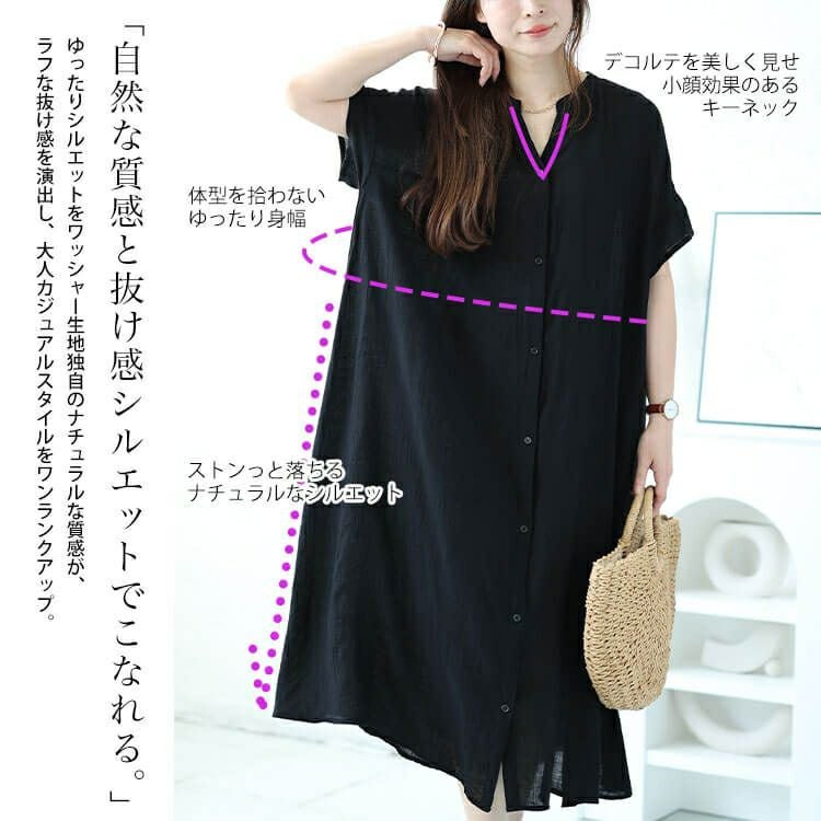 大きいサイズ レディース キーネックバックギャザーワッシャーワンピース　fem-482