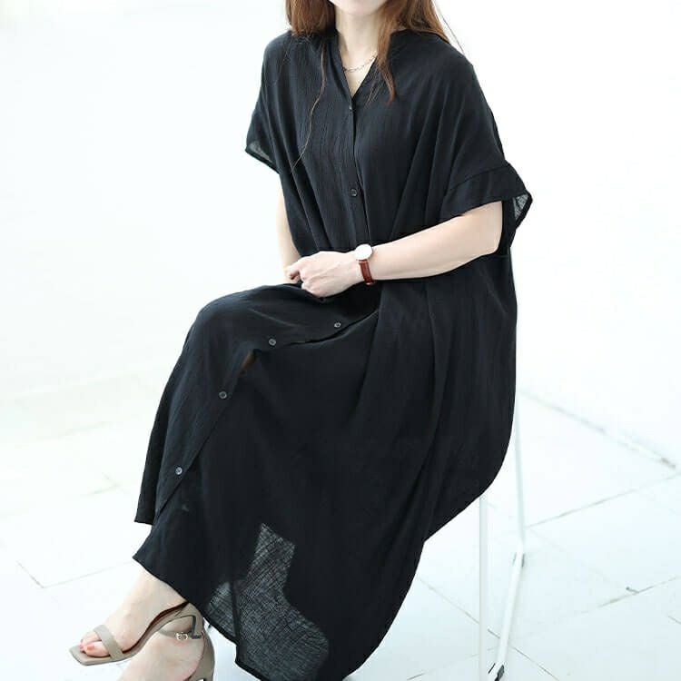 大きいサイズ レディース キーネックバックギャザーワッシャーワンピース　fem-482