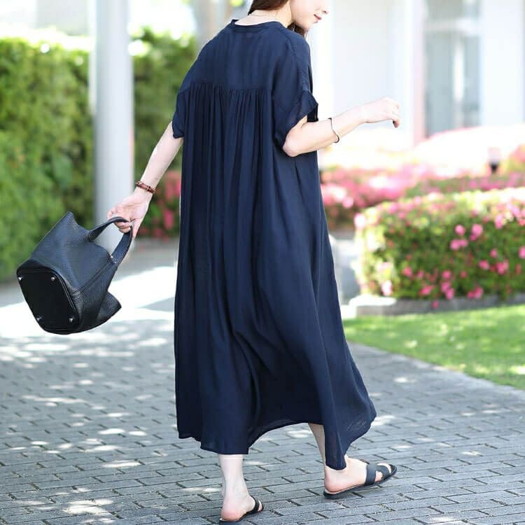 大きいサイズ レディース キーネックバックギャザーワッシャーワンピース　fem-482