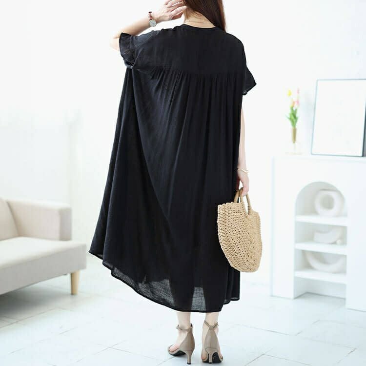 大きいサイズ レディース キーネックバックギャザーワッシャーワンピース　fem-482