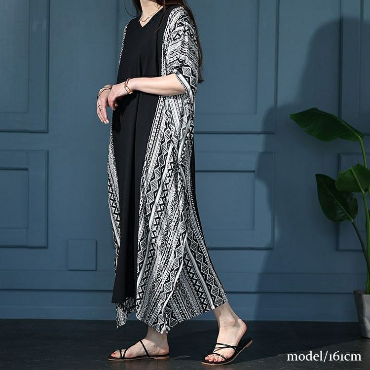 大きいサイズ レディース 接触冷感エスニック柄切り替えワンピース　kt-7824610