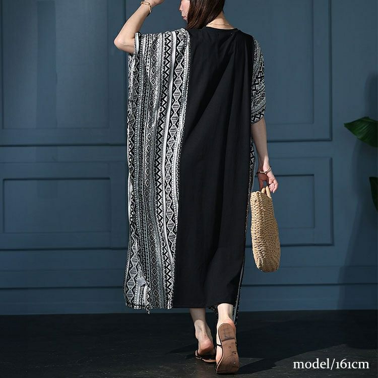 大きいサイズ レディース 接触冷感エスニック柄切り替えワンピース　kt-7824610