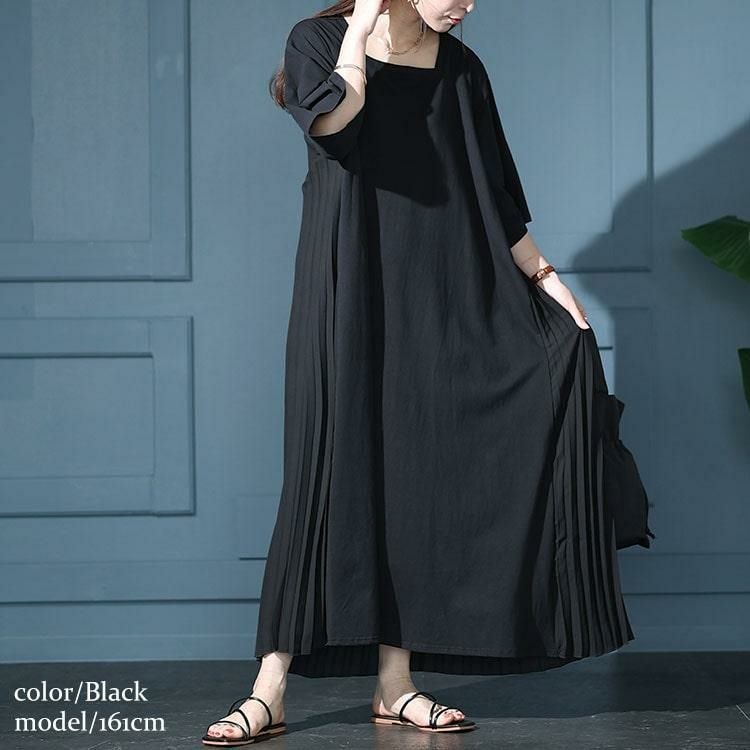 大きいサイズ レディース 接触冷感バックプリーツワンピース　kt-7824580 ブラック