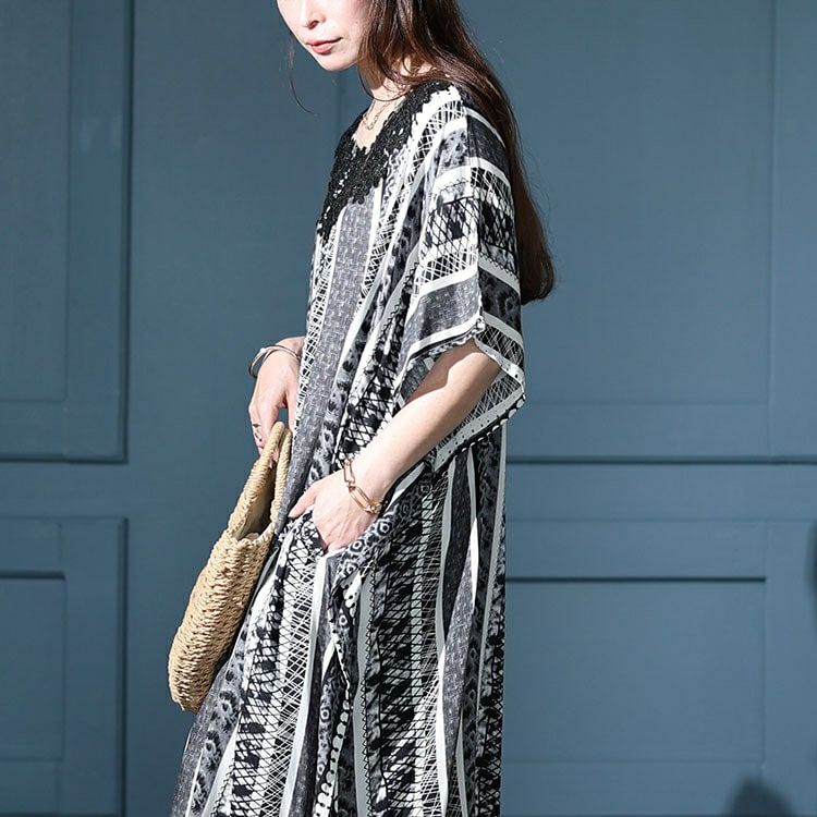 大きいサイズ レディース 胸元レースエスニック柄ドルマンワンピース　kt-7824590