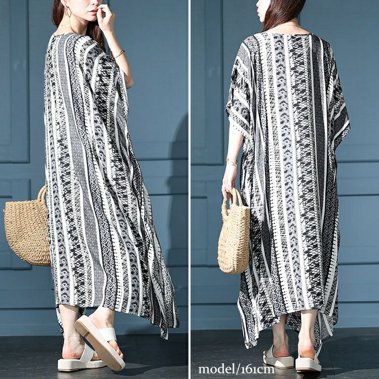 大きいサイズ レディース 胸元レースエスニック柄ドルマンワンピース　kt-7824590