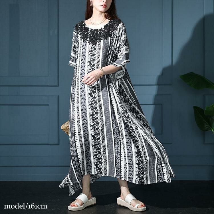 大きいサイズ レディース 胸元レースエスニック柄ドルマンワンピース　kt-7824590 ブラック