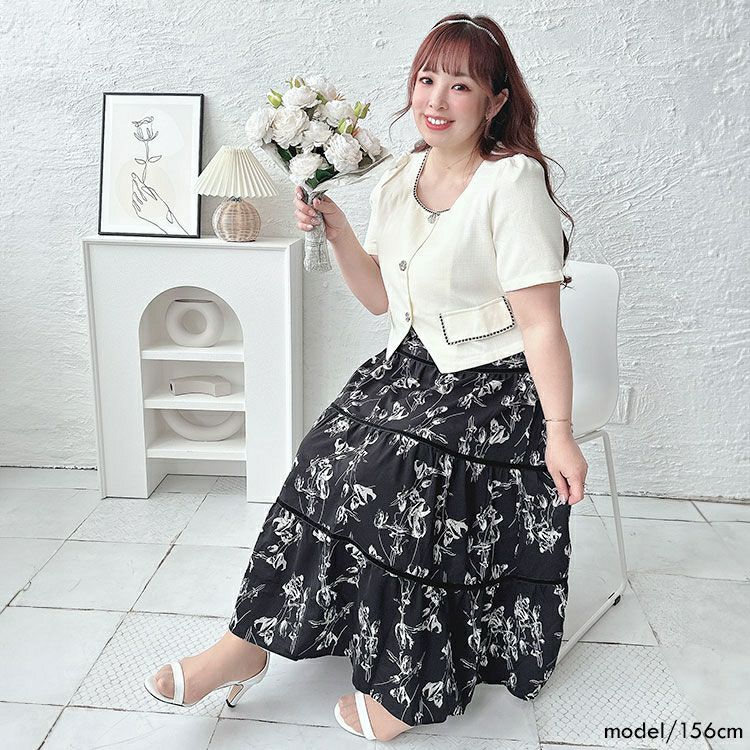 大きいサイズ レディース 半袖ジャケット＆ティアードスカートセット　goldy-1513