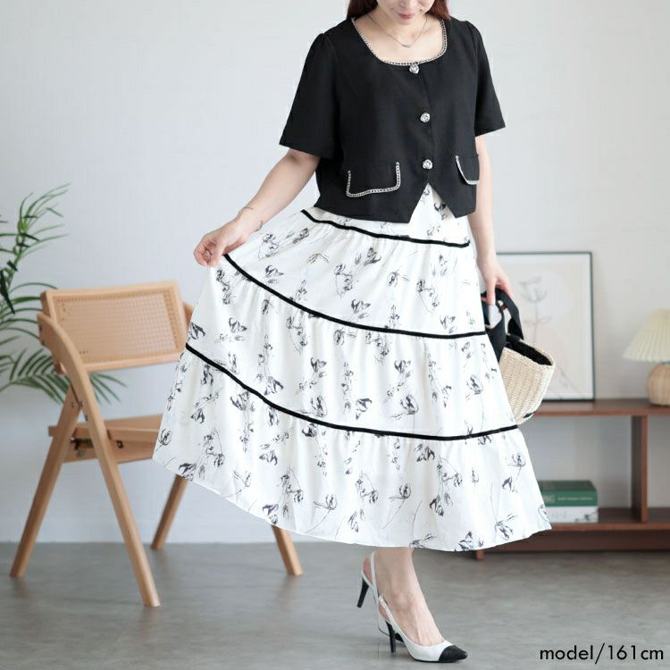 大きいサイズ レディース 半袖ジャケット＆ティアードスカートセット　goldy-1513