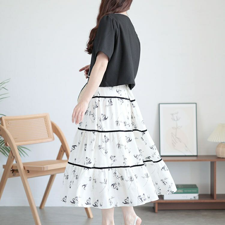 大きいサイズ レディース 半袖ジャケット＆ティアードスカートセット　goldy-1513