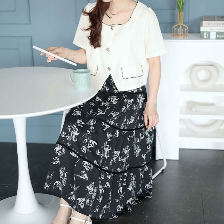 大きいサイズ レディース 半袖ジャケット＆ティアードスカートセット　goldy-1513 ホワイト