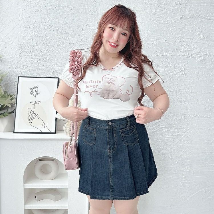 大きいサイズ レディース パンツ裏地付きプリーツデニムミニスカート　goldy-1510