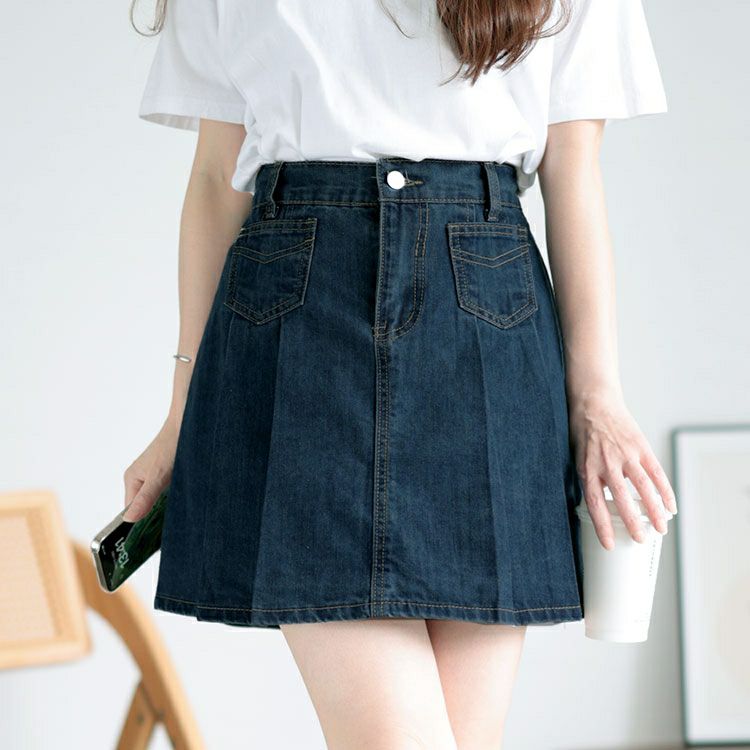 大きいサイズ レディース パンツ裏地付きプリーツデニムミニスカート　goldy-1510