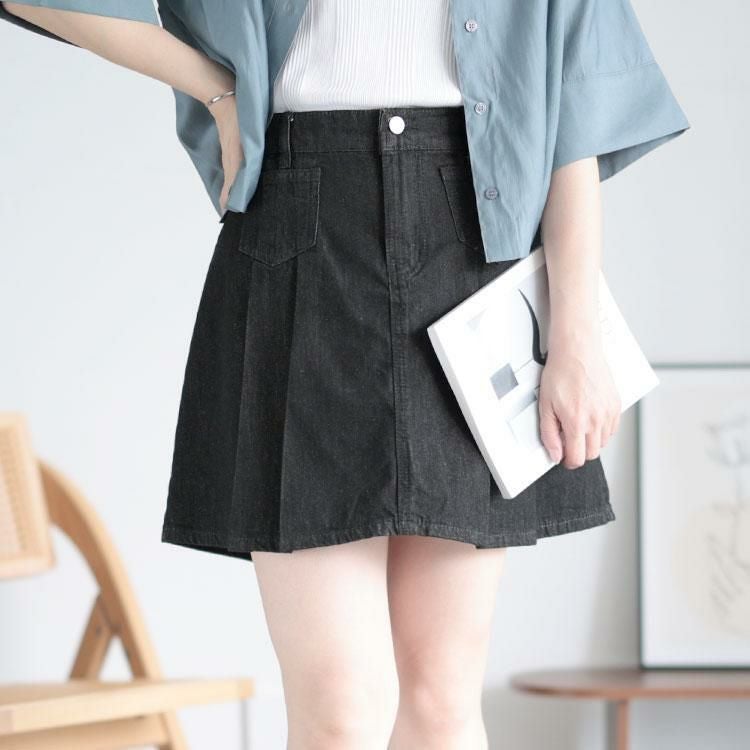 大きいサイズ レディース パンツ裏地付きプリーツデニムミニスカート　goldy-1510 ブラック