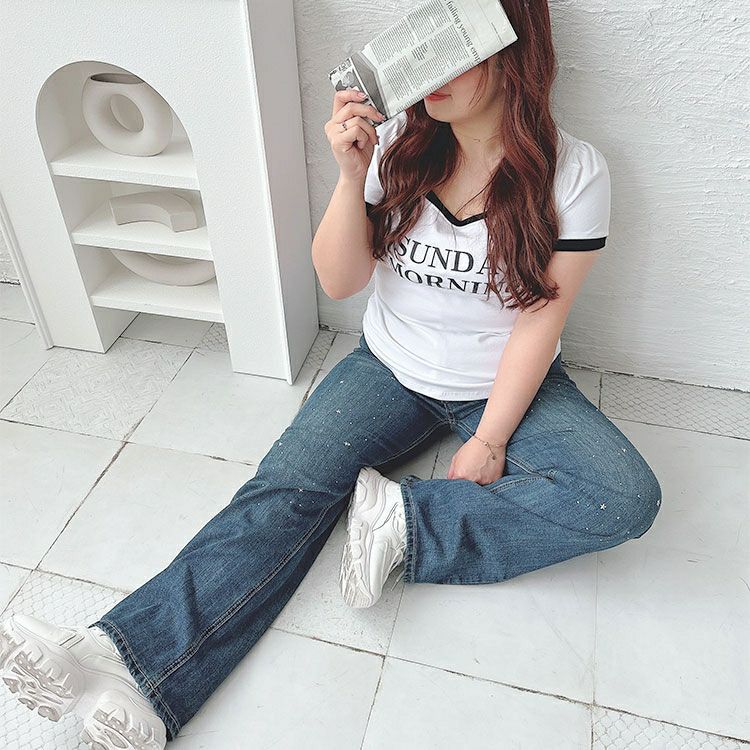 大きいサイズ レディース スタッズ付きストレートデニムパンツ　goldy-1509