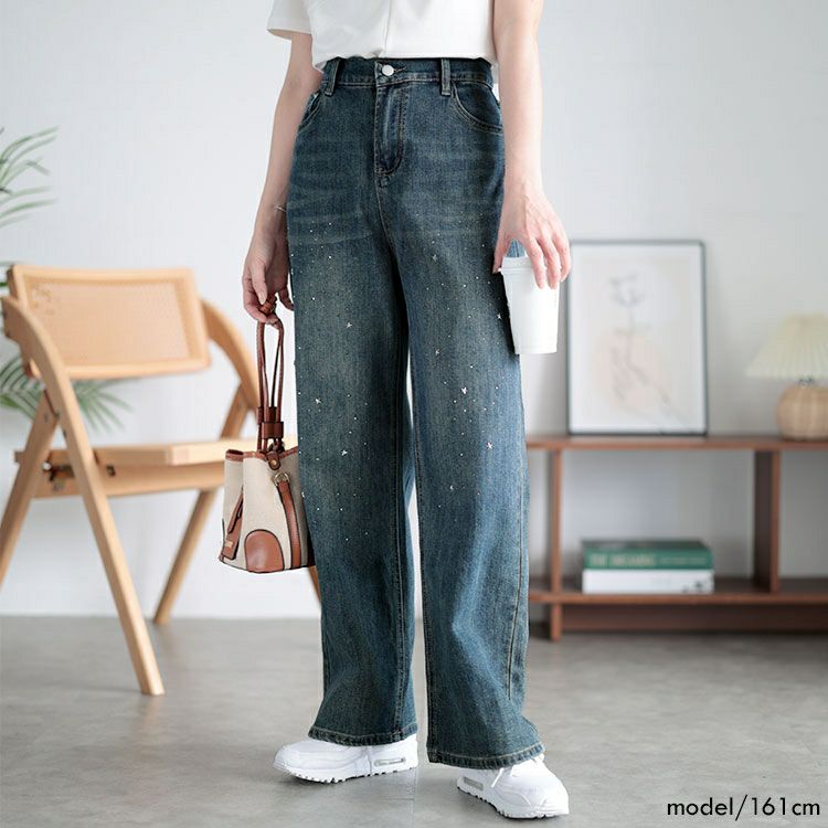 大きいサイズ レディース スタッズ付きストレートデニムパンツ　goldy-1509