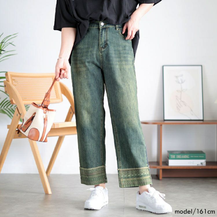 大きいサイズ レディース デザイン裾ストレッチデニムパンツ　goldy-1508